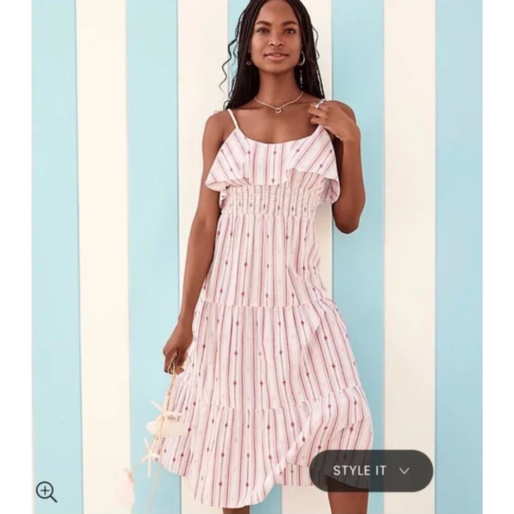 NWT LOFT Striped Ruffle Strappy Tiered Smocked Midi Dress White Red Pink XS - Picture 4 of 15